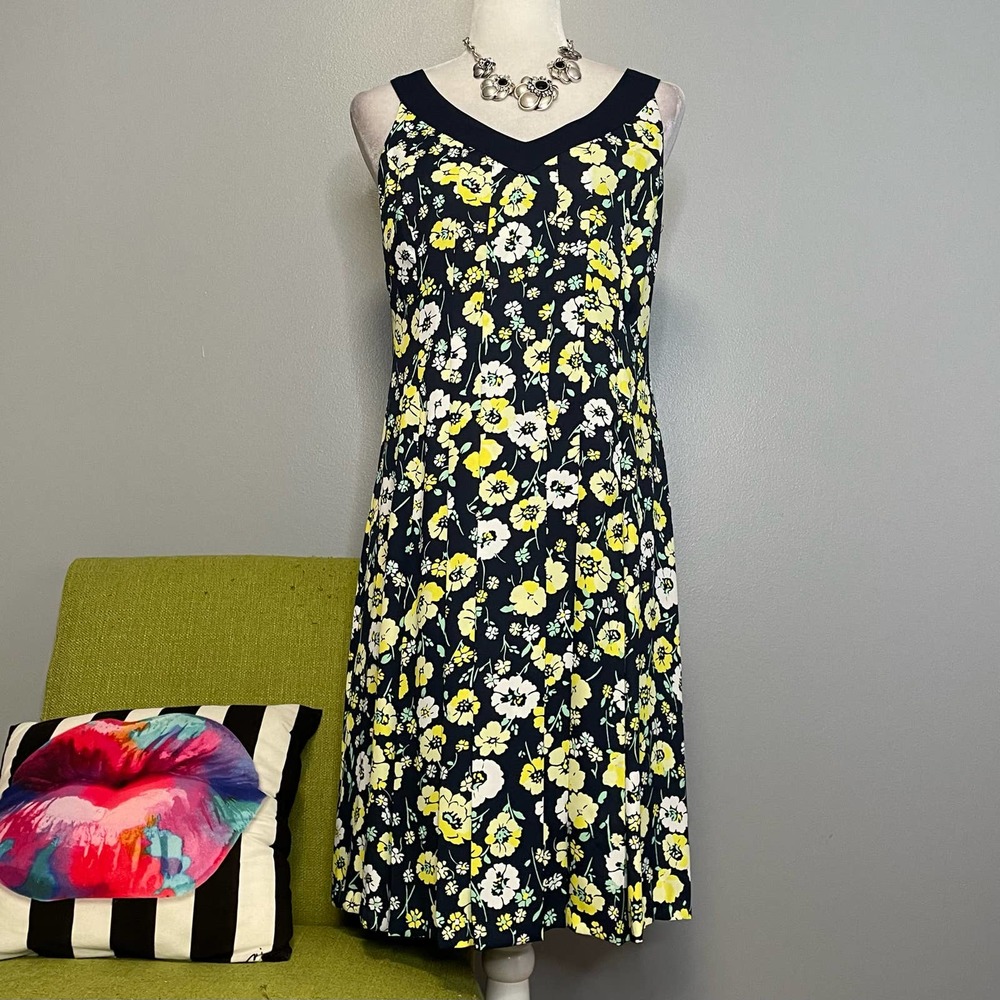 Jones New York Blue Yellow Floral Pleated Dress 4 Work Cocktail